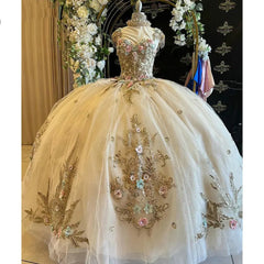 Misshow Champagne Tulle Quinceanera Dress Sweetheart Ball Gown with 3D Floral Lace & Beaded Bow for Sweet 16 & Birthday Galas