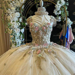 Misshow Champagne Tulle Quinceanera Dress Sweetheart Ball Gown with 3D Floral Lace & Beaded Bow for Sweet 16 & Birthday Galas
