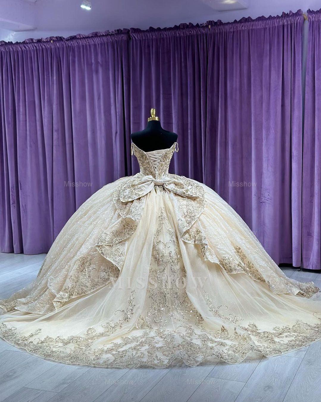 Misshow Champagne Tulle Quinceanera Dress Sweetheart Ball Gown with Lace Appliques & Beaded Ruffles