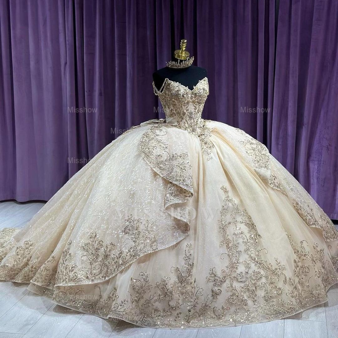 Misshow Champagne Tulle Quinceanera Dress Sweetheart Ball Gown with Lace Appliques & Beaded Ruffles