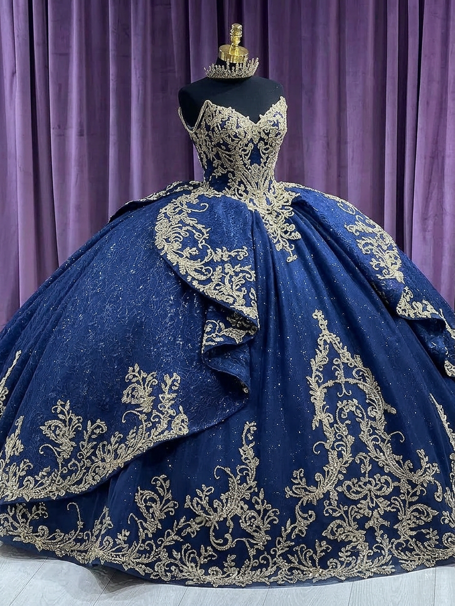 Misshow Champagne Tulle Quinceanera Dress Sweetheart Ball Gown with Lace Appliques & Beaded Ruffles