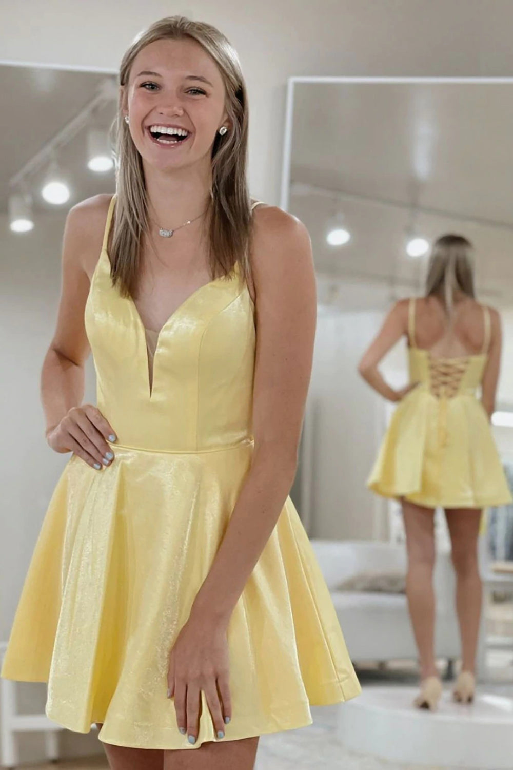 Misshow Classic A Line Spaghetti Straps Yellow Homecoming Dress/Mini Dress with Criss Cross