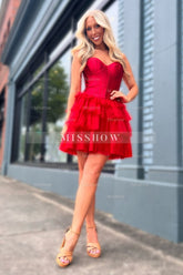 Misshow Corset Red Sweetheart Short Homecoming Dress/Mini Dress With Ruffles