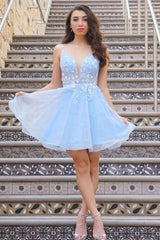 Misshow Cute A Line Deep V Neck Light Blue Homecoming Dress/Mini Dress with Appliques