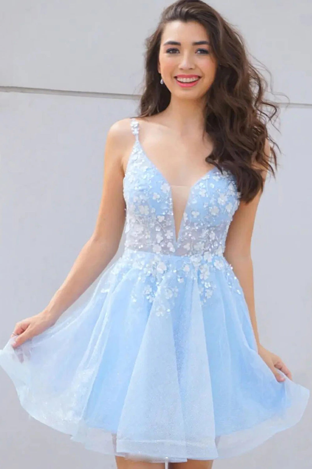 Misshow Cute A Line Deep V Neck Light Blue Homecoming Dress/Mini Dress with Appliques