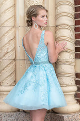 Misshow Cute A Line Deep V Neck Light Blue Short Homecoming Dress/Mini Dress with Appliques