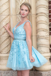 Misshow Cute A Line Deep V Neck Light Blue Short Homecoming Dress/Mini Dress with Appliques