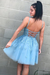 Misshow Cute A Line V Neck Light Blue Short Homecoming Dress/Mini Dress with Appliques