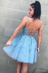 Misshow Cute A Line V Neck Light Blue Short Homecoming Dress/Mini Dress with Appliques