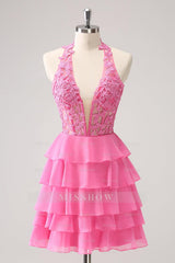 Misshow Cute Pink Corset A Line Tiered Short Homecoming Dress/Mini Dress with Appliques