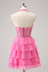 Misshow Cute Pink Corset A Line Tiered Short Homecoming Dress/Mini Dress with Appliques
