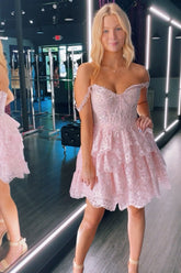 Misshow Cute Pink Off The Shoulder A Line Short Homecoming Dress/Mini Dress with Lace