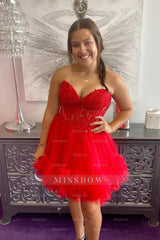 Misshow Cute Pink Strapless Corset A Line Tiered Short Homecoming Dress/Mini Dress