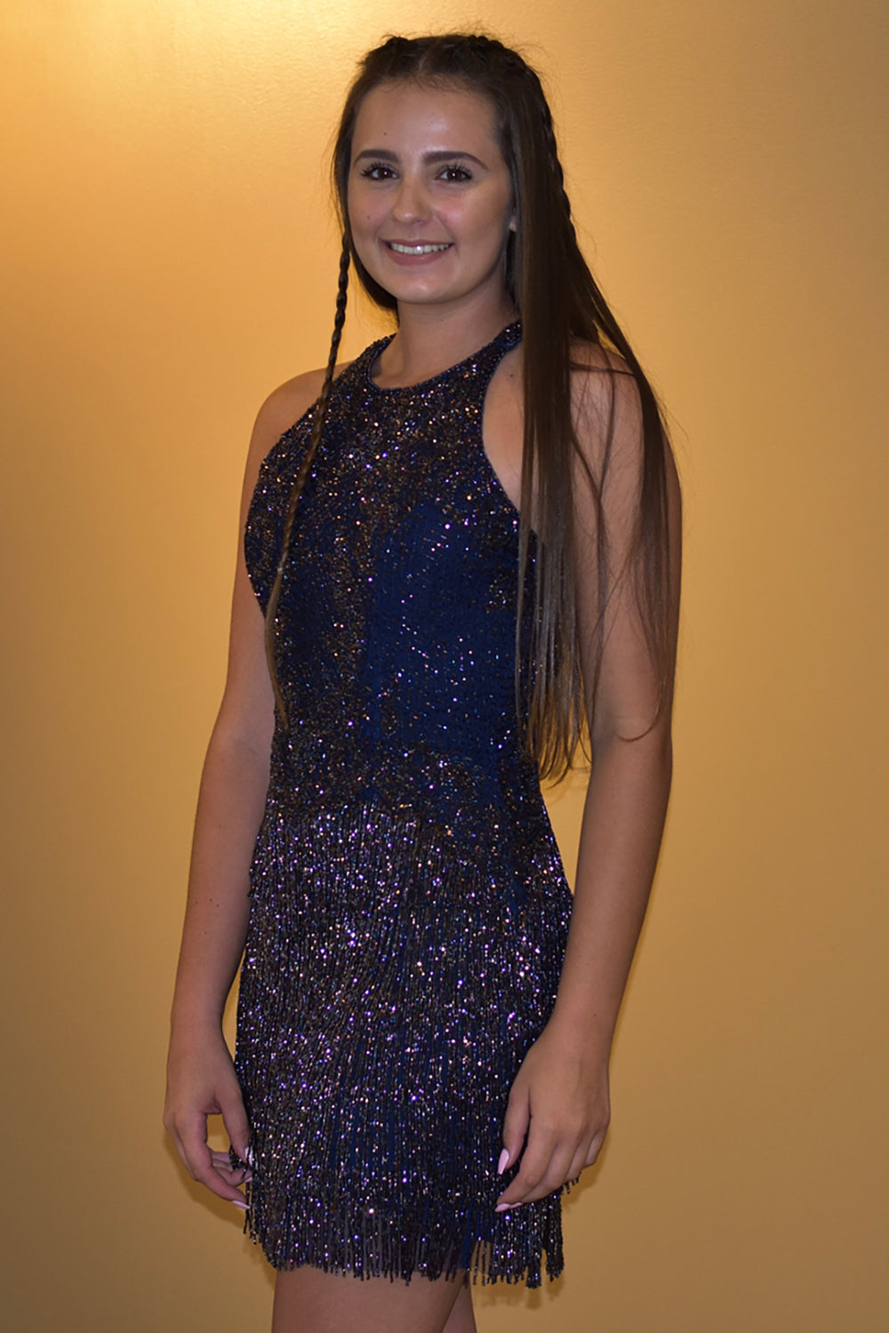 Misshow Dark Blue Open Back Sequins Homecoming Dress/Mini Dress