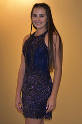 Misshow Dark Blue Open Back Sequins Homecoming Dress/Mini Dress