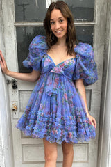 Misshow Dark Blue Puff Sleeves A-Line Floral Short Homecoming Dress/Mini Dress with Ruffles