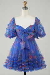 Misshow Dark Blue Puff Sleeves A-Line Floral Short Homecoming Dress/Mini Dress with Ruffles