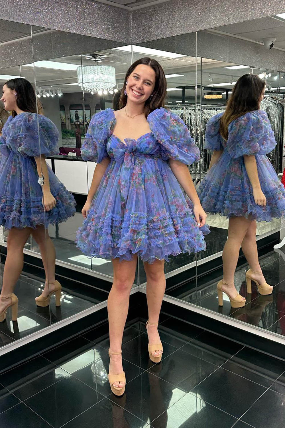 Misshow Dark Blue Puff Sleeves A-Line Floral Short Homecoming Dress/Mini Dress with Ruffles