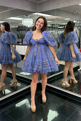 Misshow Dark Blue Puff Sleeves A-Line Floral Short Homecoming Dress/Mini Dress with Ruffles