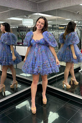 Misshow Dark Blue Puff Sleeves A-Line Floral Short Homecoming Dress/Mini Dress with Ruffles