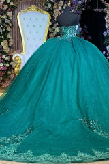 Misshow Dark Green Beaded Quinceanera Ball Gown Off-Shoulder Pleated Tulle Evening Dress for Sweet 16 & Formal Events