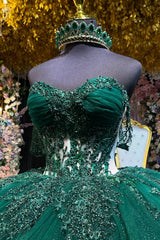 Misshow Dark Green Beaded Quinceanera Ball Gown Off-Shoulder Pleated Tulle Evening Dress for Sweet 16 & Formal Events