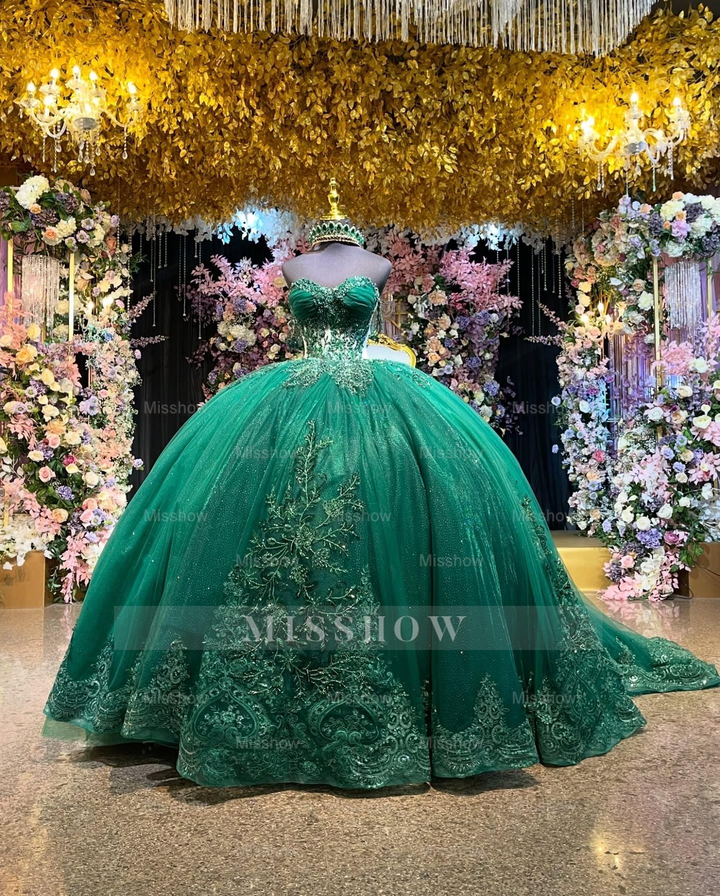 Misshow Dark Green Beaded Quinceanera Ball Gown Off-Shoulder Pleated Tulle Evening Dress for Sweet 16 & Formal Events