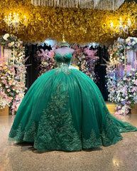 Misshow Dark Green Beaded Quinceanera Ball Gown Off-Shoulder Pleated Tulle Evening Dress for Sweet 16 & Formal Events