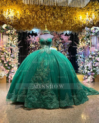 Misshow Dark Green Beaded Quinceanera Ball Gown Off-Shoulder Pleated Tulle Evening Dress for Sweet 16 & Formal Events
