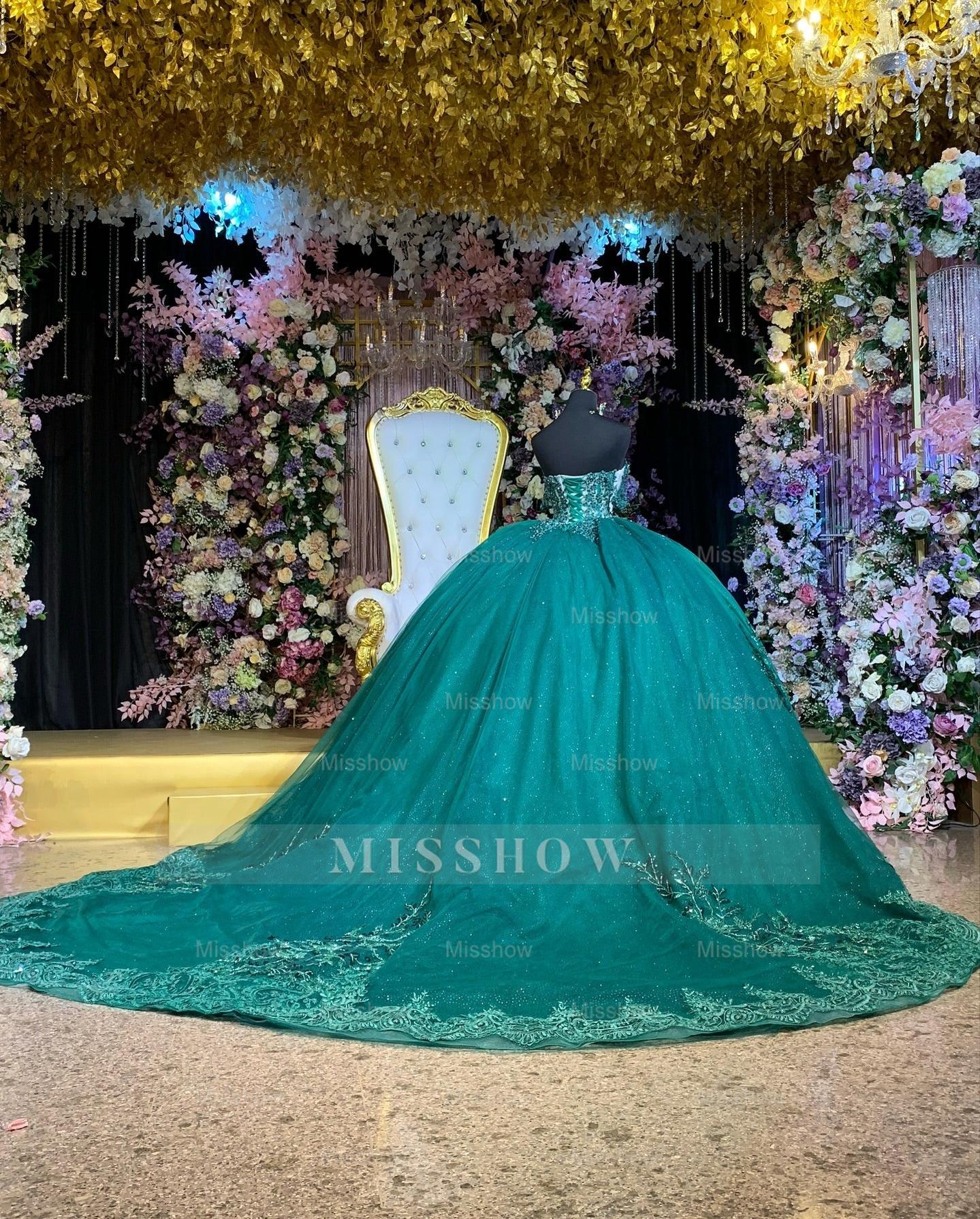 Misshow Dark Green Beaded Quinceanera Ball Gown Off-Shoulder Pleated Tulle Evening Dress for Sweet 16 & Formal Events