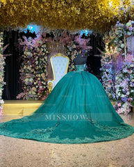Misshow Dark Green Beaded Quinceanera Ball Gown Off-Shoulder Pleated Tulle Evening Dress for Sweet 16 & Formal Events