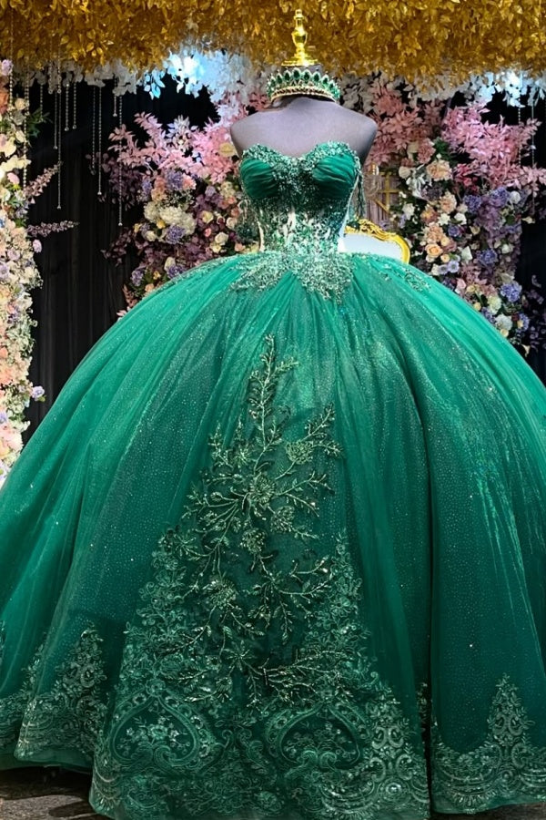 Misshow Dark Green Beaded Quinceanera Ball Gown Off-Shoulder Pleated Tulle Evening Dress for Sweet 16 & Formal Events