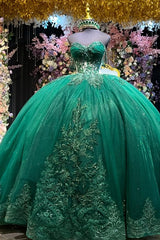 Misshow Dark Green Beaded Quinceanera Ball Gown Off-Shoulder Pleated Tulle Evening Dress for Sweet 16 & Formal Events