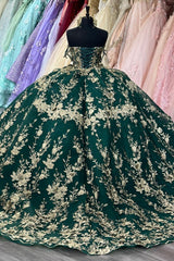 Misshow Dark Green Off-Shoulder Ball Gown Sequined Pleated Tulle Quinceanera & Evening Party Dress