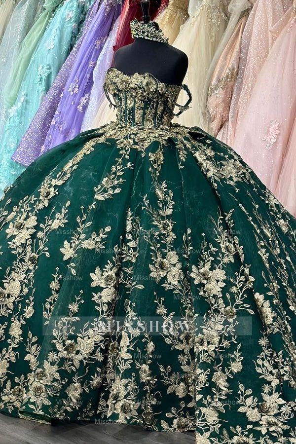 Misshow Dark Green Off-Shoulder Ball Gown Sequined Pleated Tulle Quinceanera & Evening Party Dress