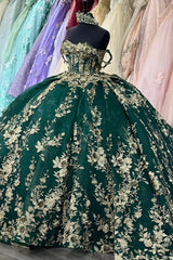 Misshow Dark Green Off-Shoulder Ball Gown Sequined Pleated Tulle Quinceanera & Evening Party Dress