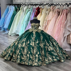 Misshow Dark Green Off-Shoulder Ball Gown Sequined Pleated Tulle Quinceanera & Evening Party Dress