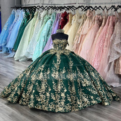 Misshow Dark Green Off-Shoulder Ball Gown Sequined Pleated Tulle Quinceanera & Evening Party Dress