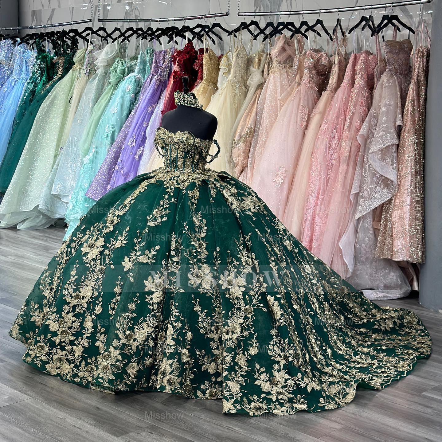 Misshow Dark Green Off-Shoulder Ball Gown Sequined Pleated Tulle Quinceanera & Evening Party Dress