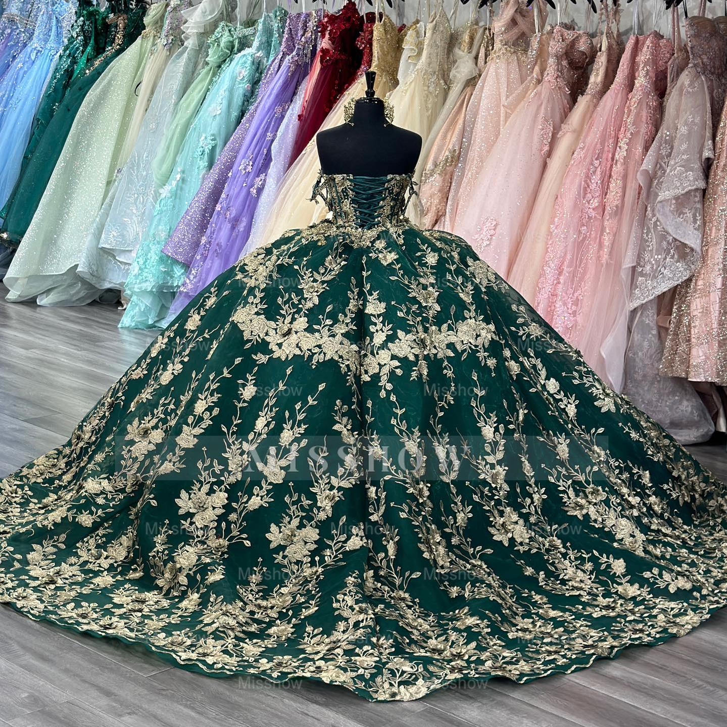 Misshow Dark Green Off-Shoulder Ball Gown Sequined Pleated Tulle Quinceanera & Evening Party Dress