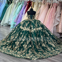 Misshow Dark Green Off-Shoulder Ball Gown Sequined Pleated Tulle Quinceanera & Evening Party Dress
