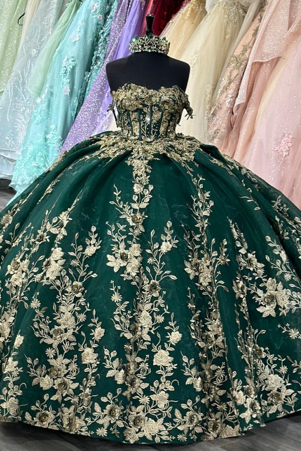 Misshow Dark Green Off-Shoulder Ball Gown Sequined Pleated Tulle Quinceanera & Evening Party Dress