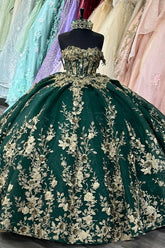 Misshow Dark Green Off-Shoulder Ball Gown Sequined Pleated Tulle Quinceanera & Evening Party Dress