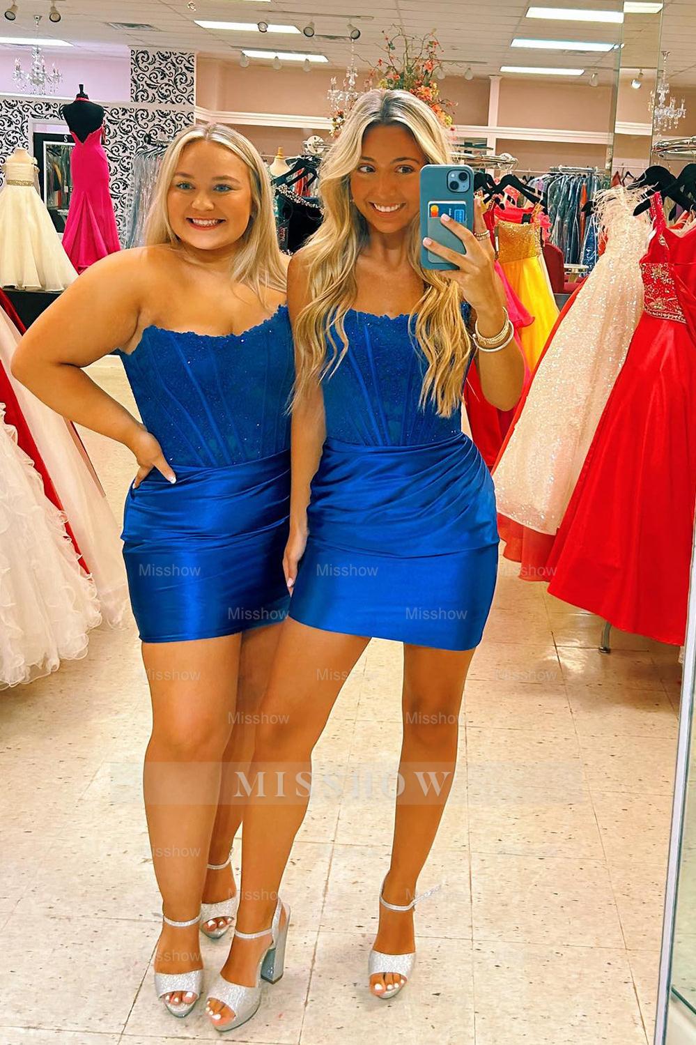 Misshow Dark Green Strapless Satin Corset Tight Short Homecoming Dress/Mini Dress (Gloves not Included)