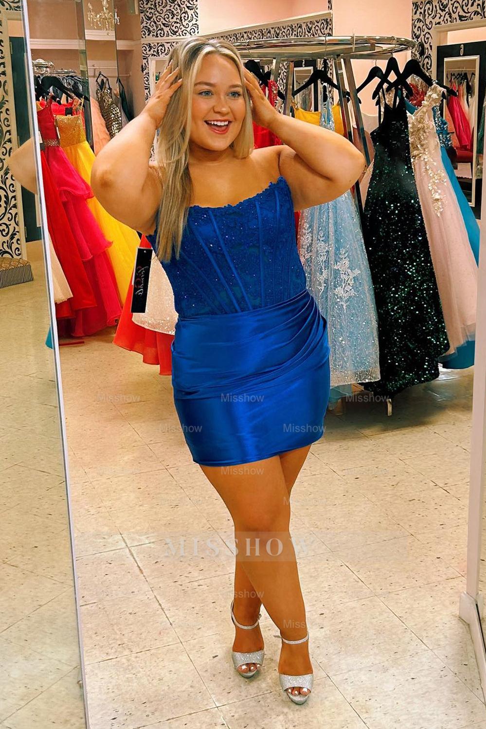 Misshow Dark Green Strapless Satin Corset Tight Short Homecoming Dress/Mini Dress (Gloves not Included)