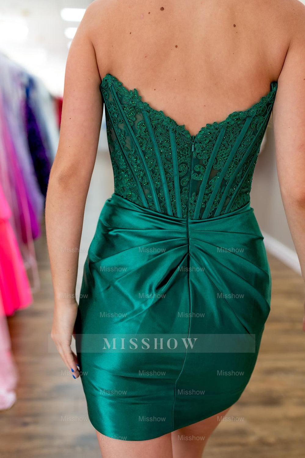 Misshow Dark Green Strapless Satin Corset Tight Short Homecoming Dress/Mini Dress (Gloves not Included)