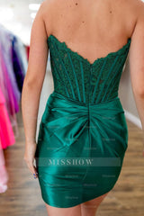 Misshow Dark Green Strapless Satin Corset Tight Short Homecoming Dress/Mini Dress (Gloves not Included)