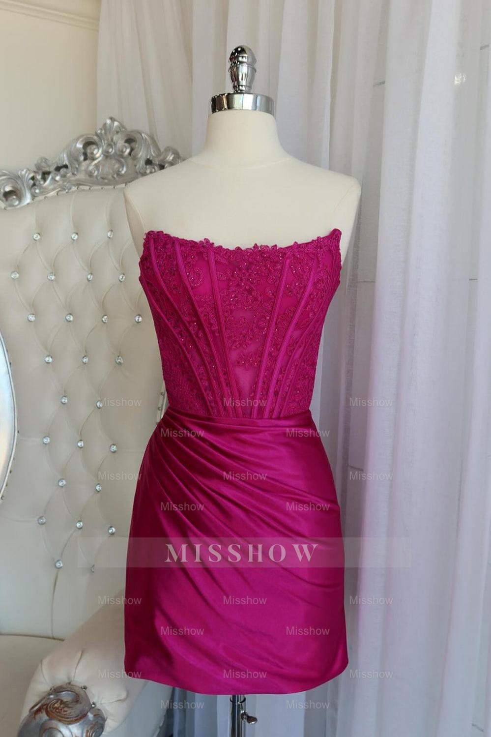 Misshow Dark Green Strapless Satin Corset Tight Short Homecoming Dress/Mini Dress (Gloves not Included)