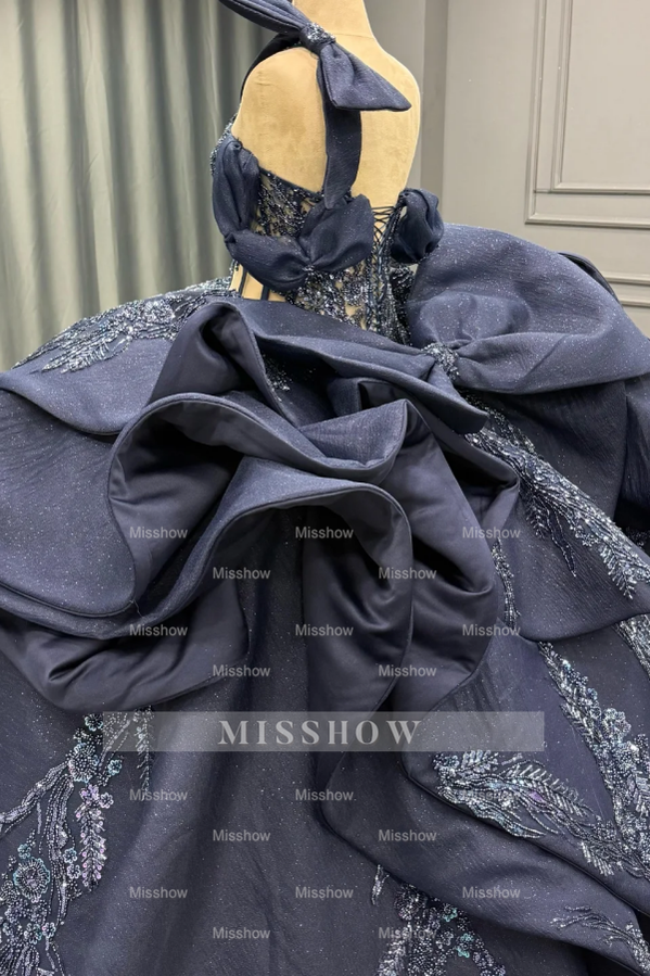 Misshow Dark Navy Quinceanera Dress One-Shoulder Beaded Ball Gown with Tiered Ruffles & Sparkly Appliques