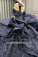 Misshow Dark Navy Quinceanera Dress One-Shoulder Beaded Ball Gown with Tiered Ruffles & Sparkly Appliques